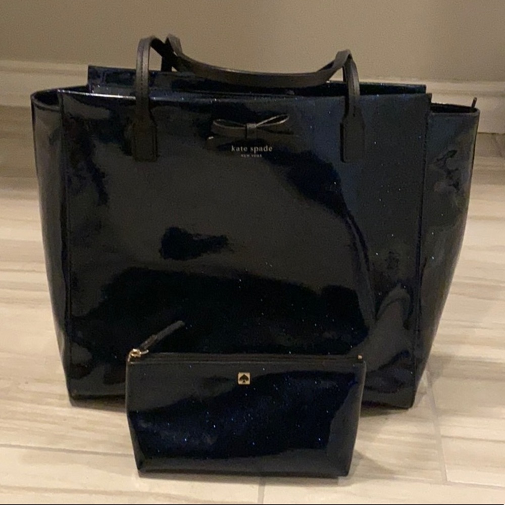 Kate Spade Blue Glitter Zipper Top Tote & Pouch